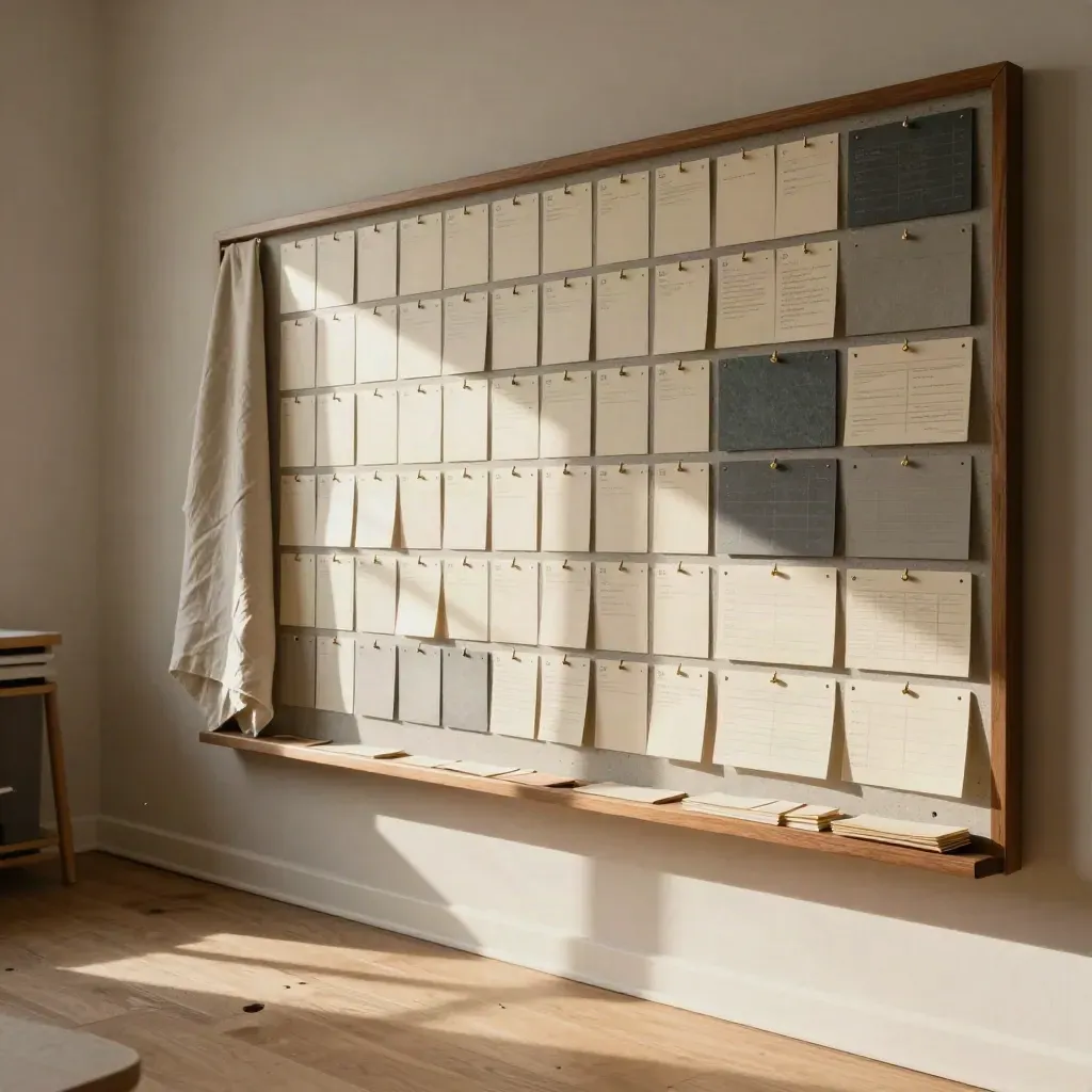 Sunlit planning wall with pinned cards, slate blocks, and warm shadows in a studio corner.