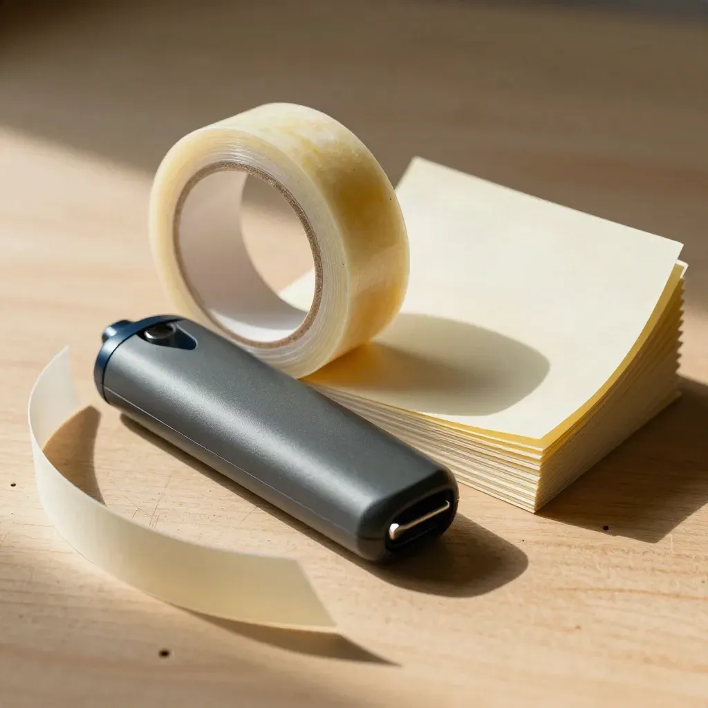 Workshop kit with clicker, tape roll and blank tabs on pale wood under dramatic light.