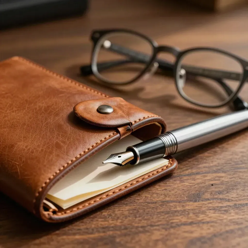 Fountain pen, reading glasses and worn leather draft wallet on a walnut editing surface.
