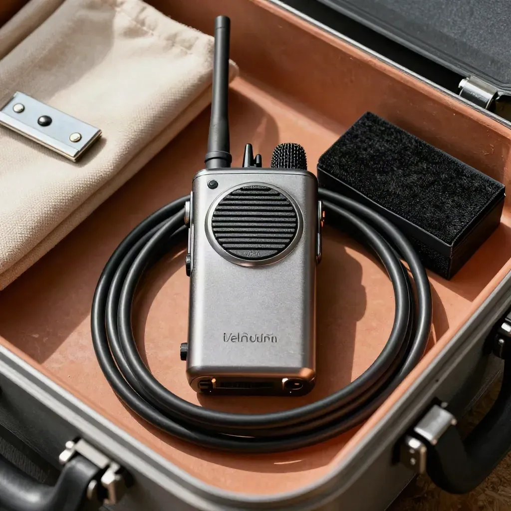 Overhead still life of a wireless mic kit with cable, battery case and Velcro wrap in a flight case.