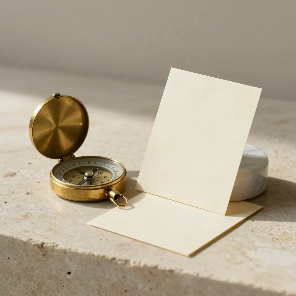 Brass compass, blank cards, and marble paperweight on pale stone in soft side light.