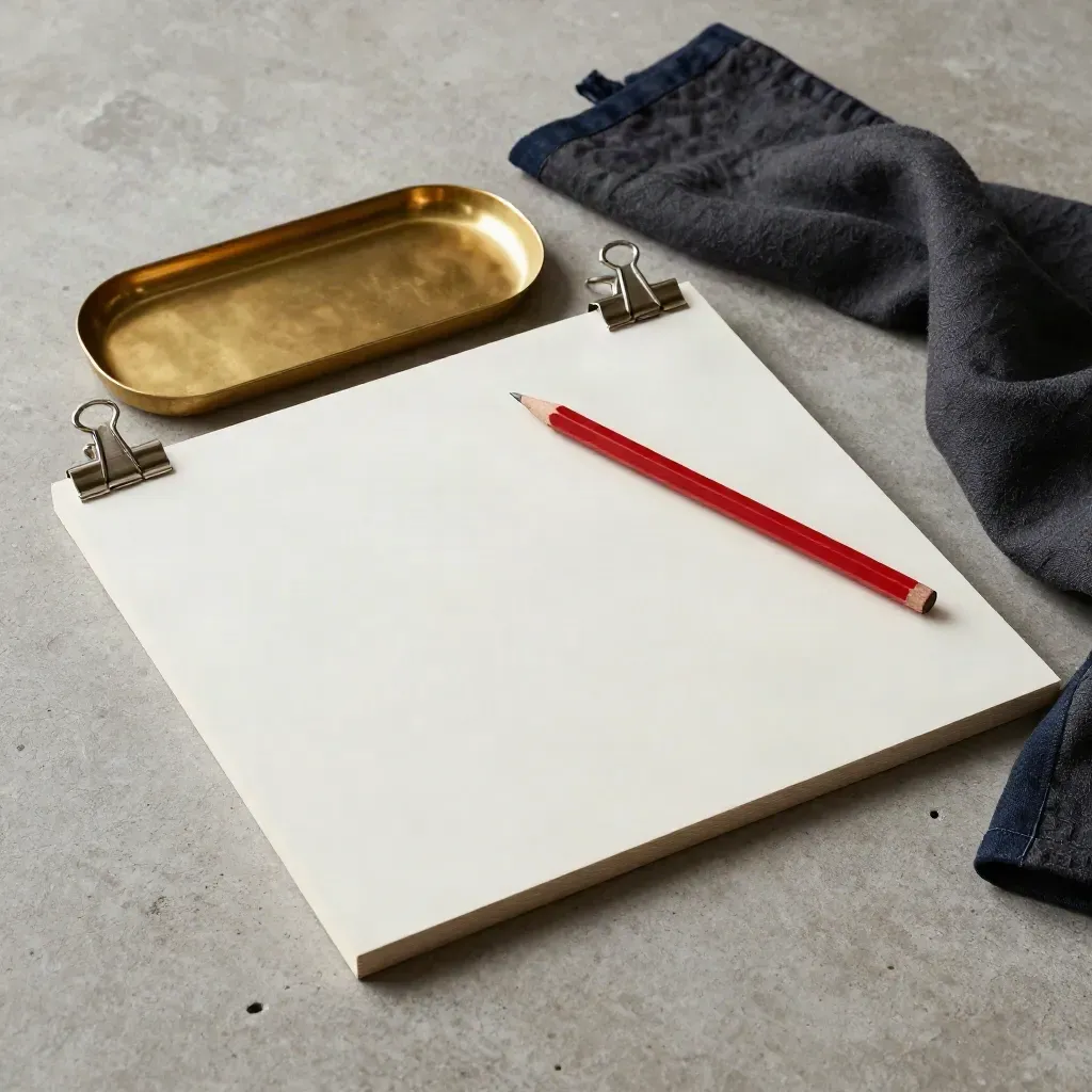 Face-down proof board, red pencil, brass tray and clips on cool concrete under warm light