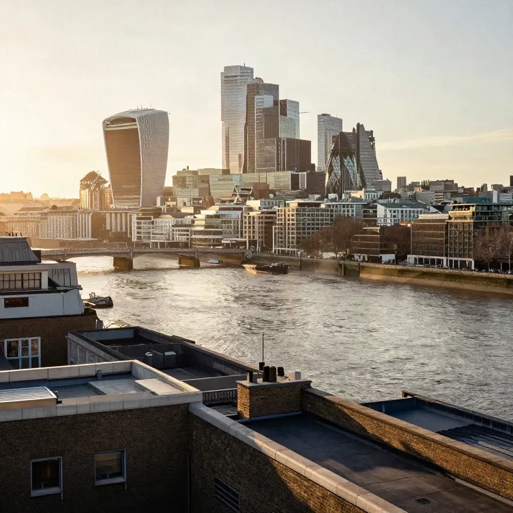 London skyline over the Thames at sunrise, rooftops below, hazy river and glowing sky