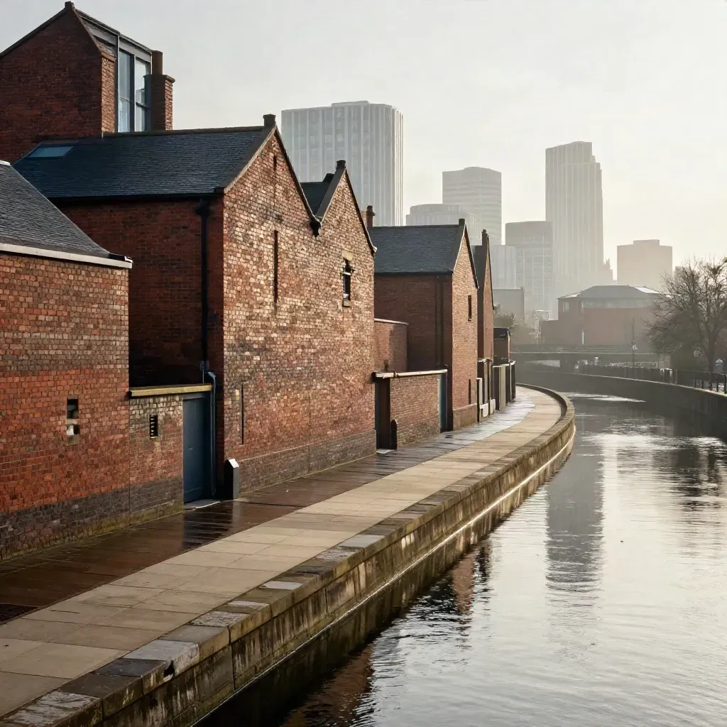 Wet red-brick canal terraces and skyline above a calm reflective West Midlands embankment.